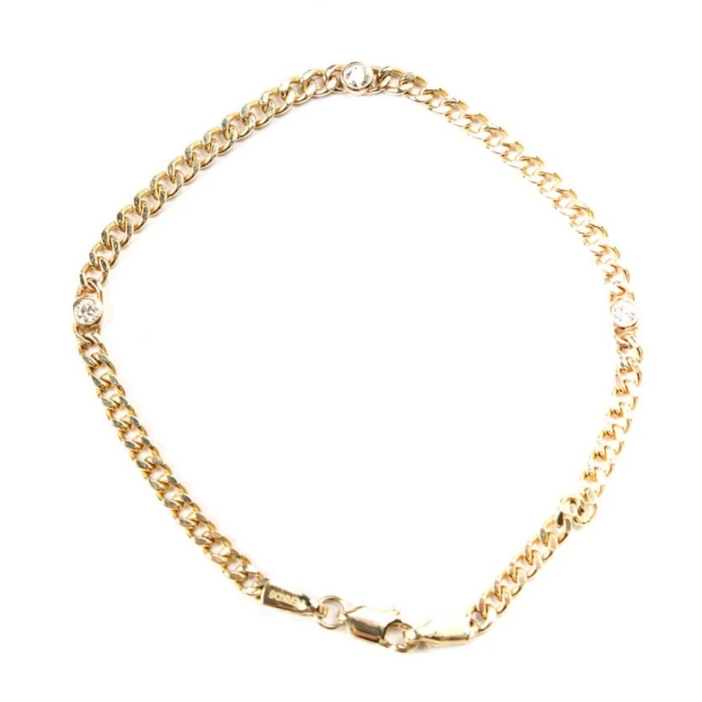 Ferkos Womens 14K Yellow Gold Diamond 3 Station Curb Chain Bracelet 6.5" 2.4g - Picture 4 of 8